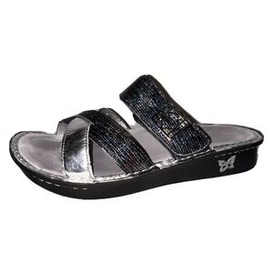 Alegria PG Lite Womens 7-7.5/37 Metallic Silver Black Slide Sandals Rocker Sole